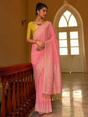 Stunning Baby Pink Weaving Silk Traditional Saree With Blouse