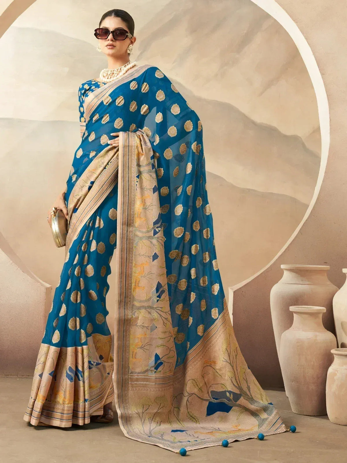 Blue and beige printed saree with gold motifs, ethnic wear for women, stylish designer saree
