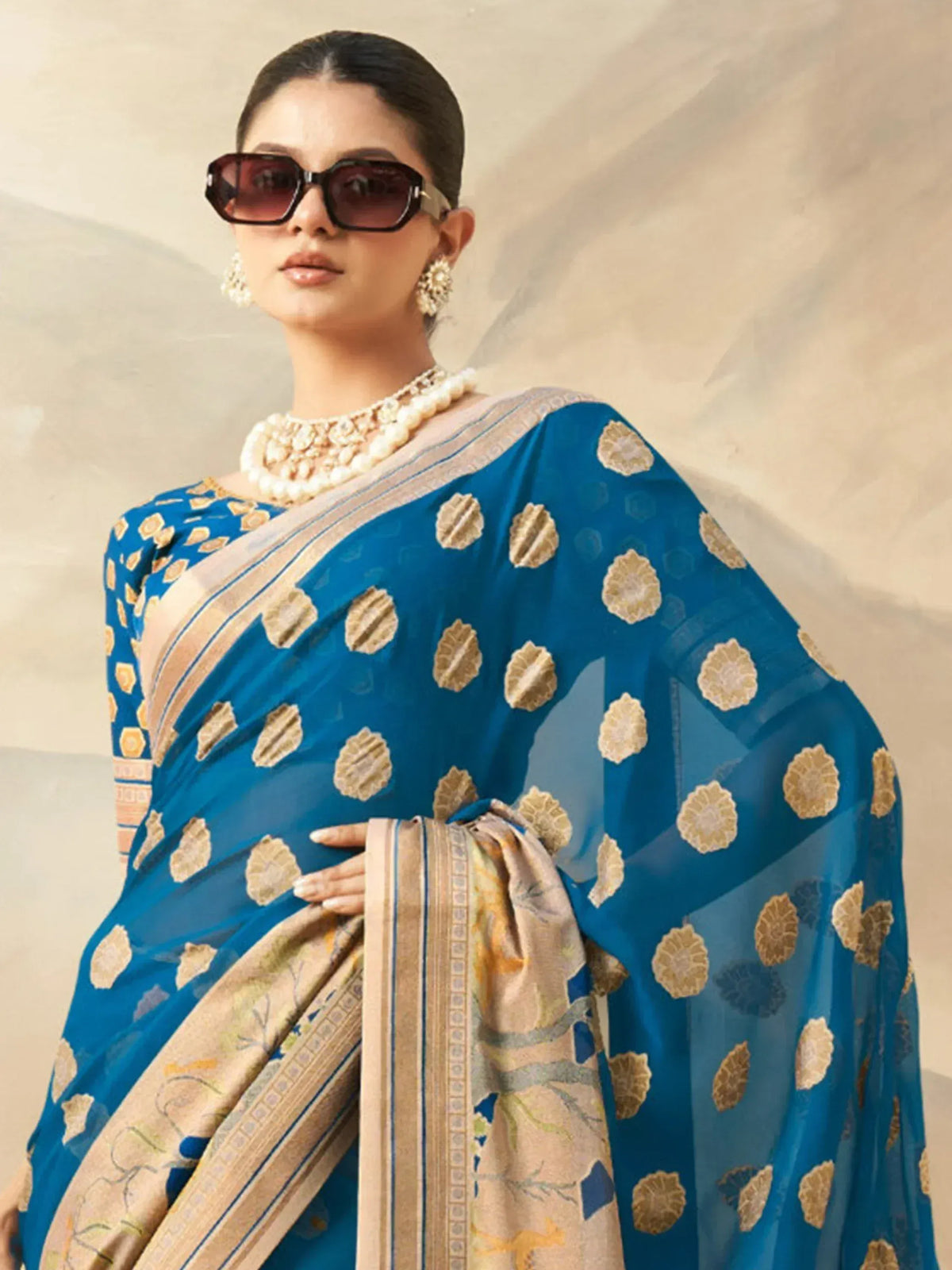 Blue designer saree with gold floral motifs, ethnic wear for women, stylish Indian fashion