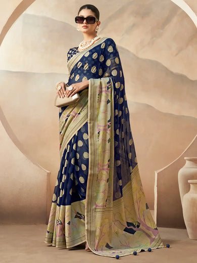 Charming Navy Blue Zari Weaving Georgette Paithani Saree With Blouse