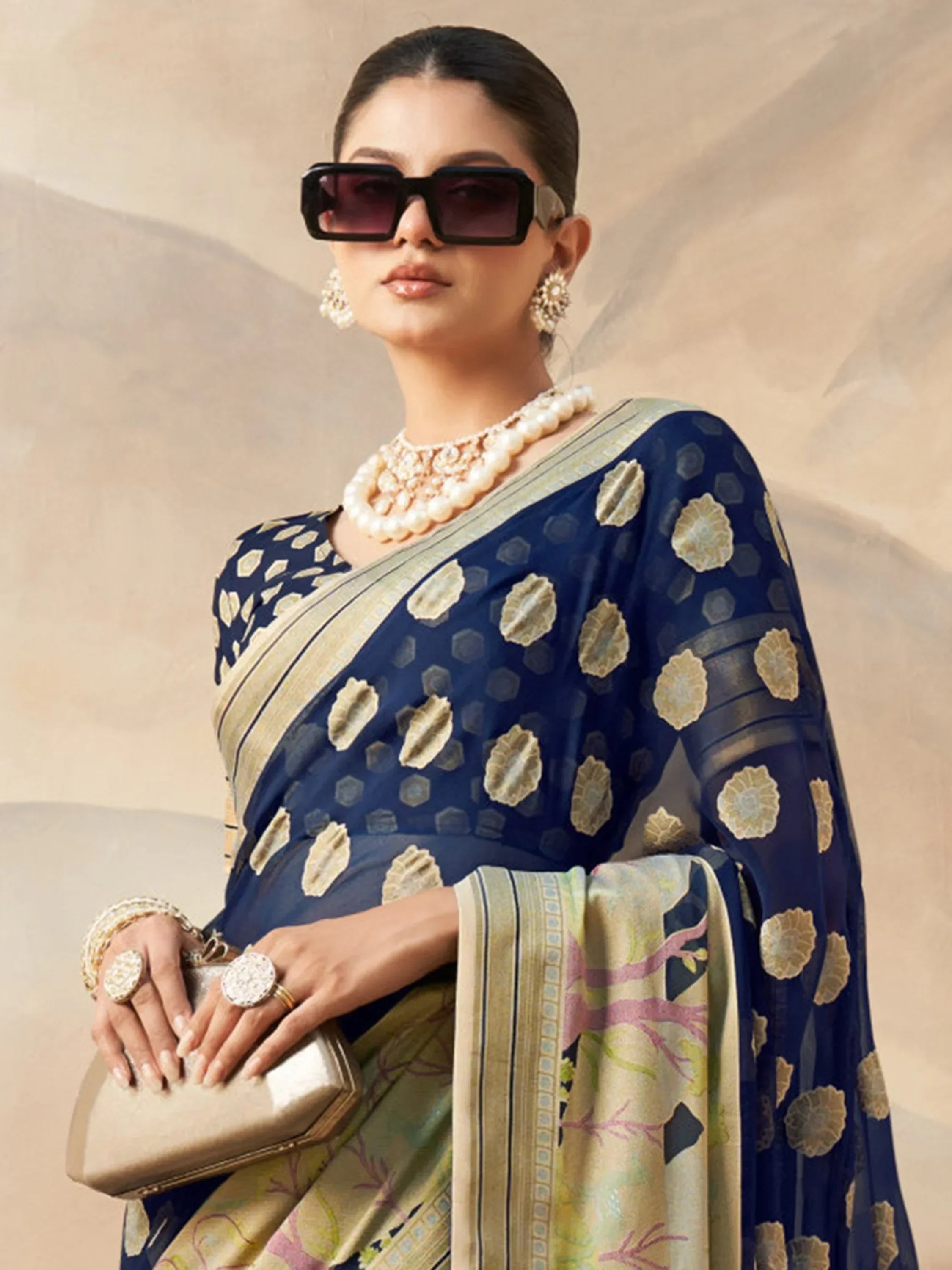 Charming Navy Blue Zari Weaving Georgette Paithani Saree With Blouse