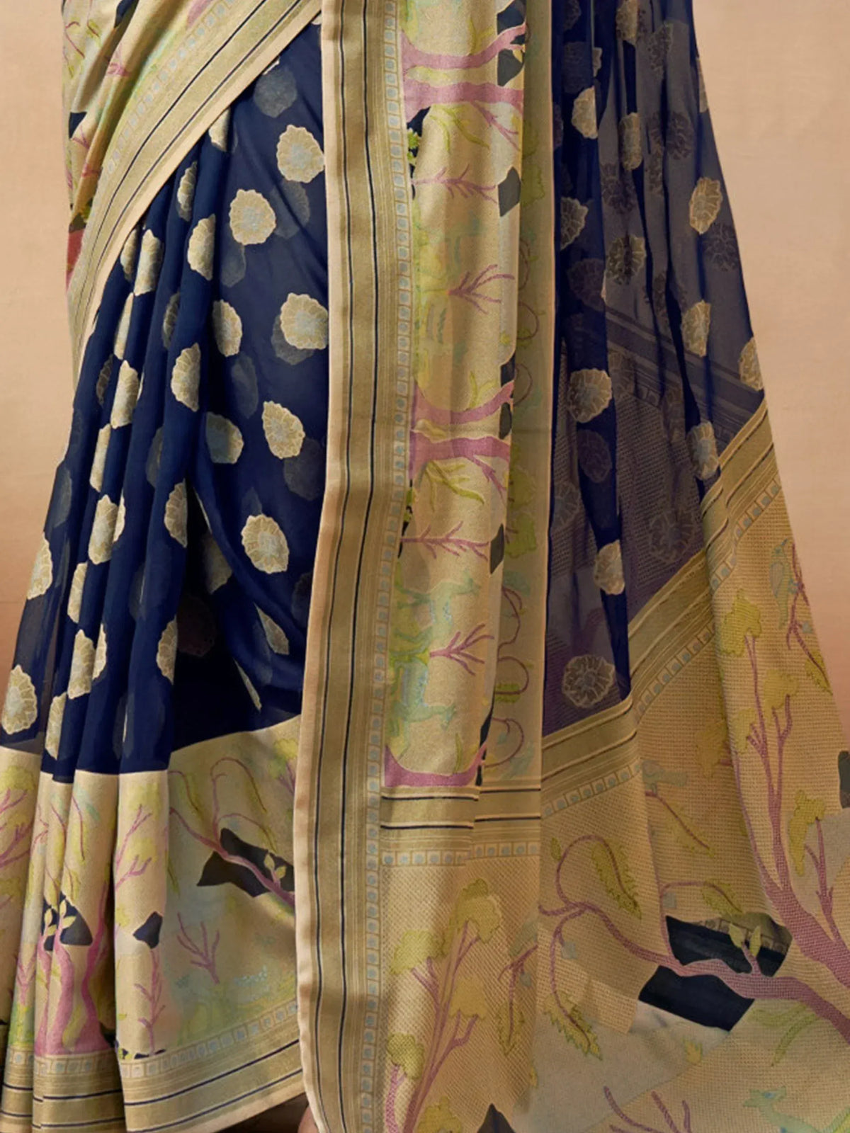 Navy blue saree with floral print and golden border, Indian ethnic wear