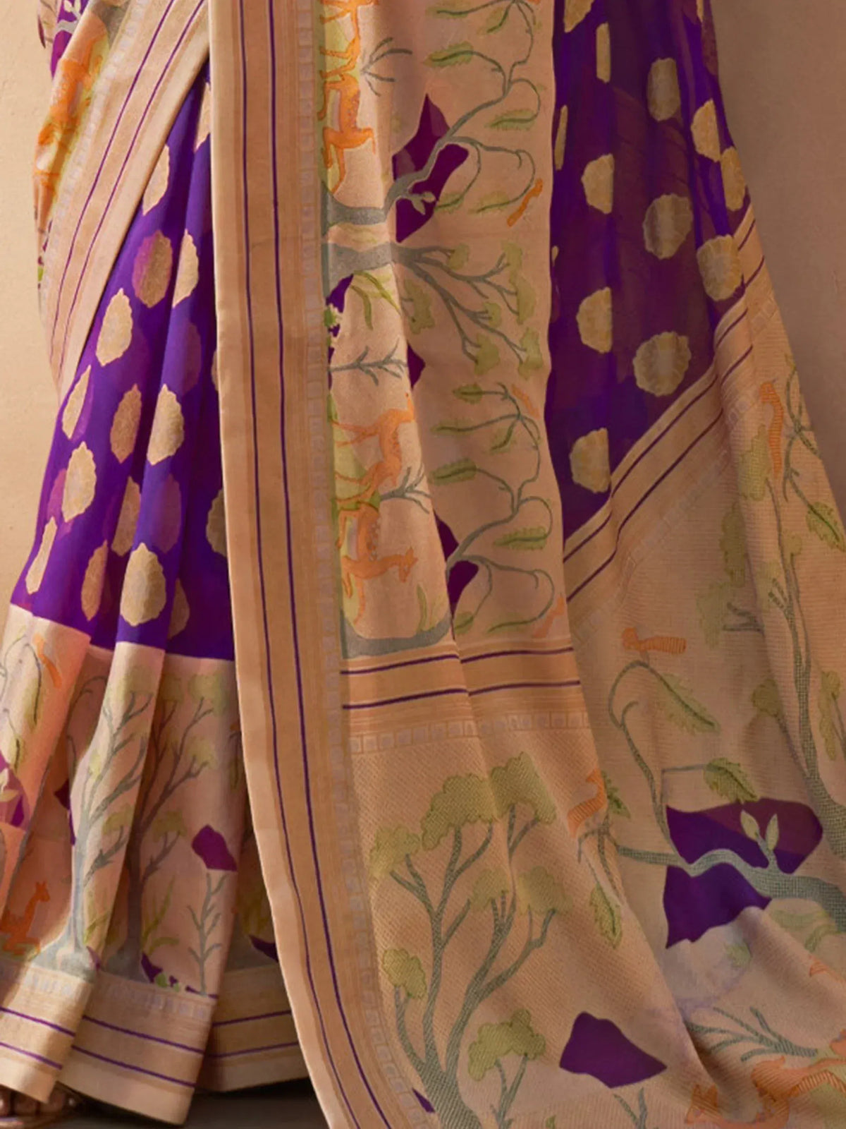 Purple and beige printed saree with deer and floral motifs, ethnic Indian wear