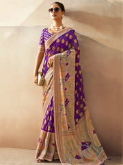 Fascinating Purple Zari Weaving Georgette Traditional Saree With Blouse