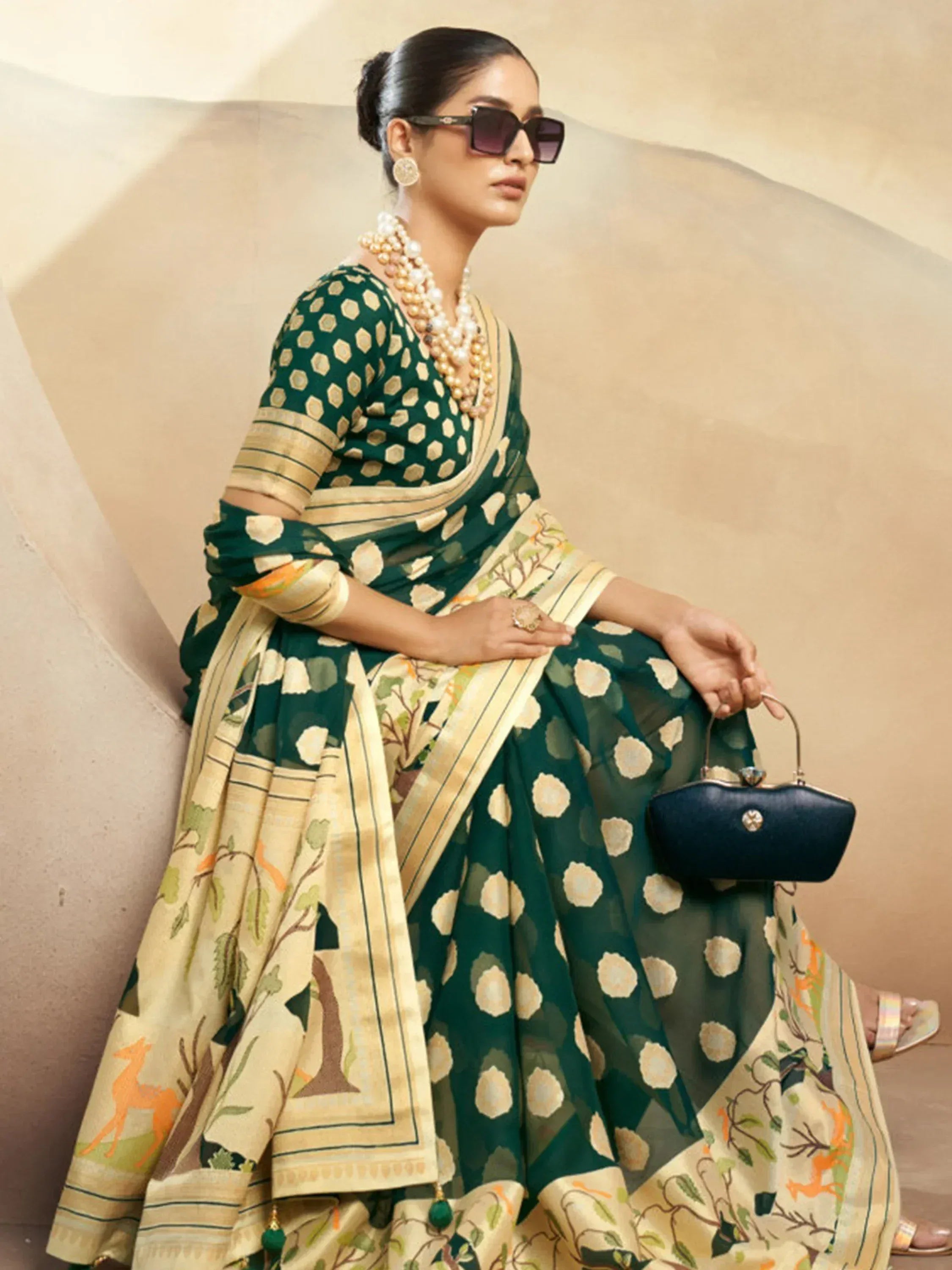 Green printed saree with gold border, ethnic wear for women, stylish designer look