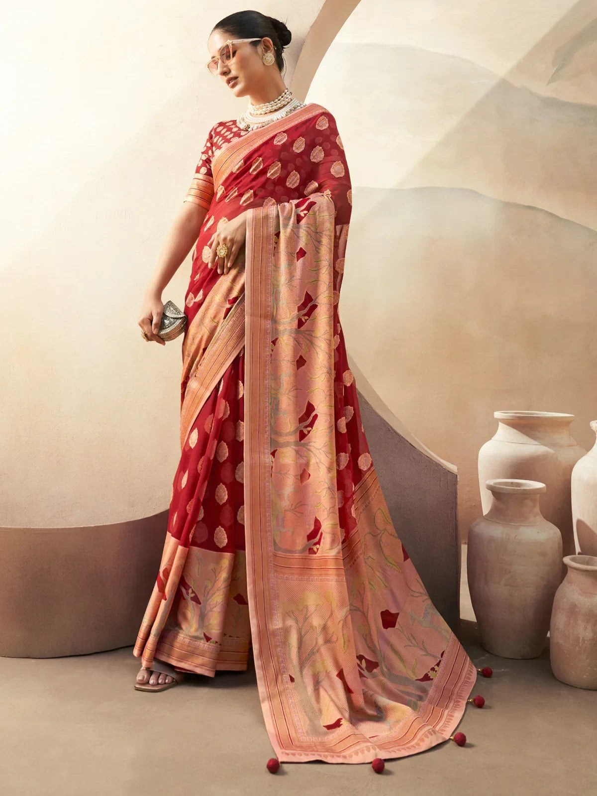 Stunning Red Zari Weaving Georgette Wedding Saree With Blouse