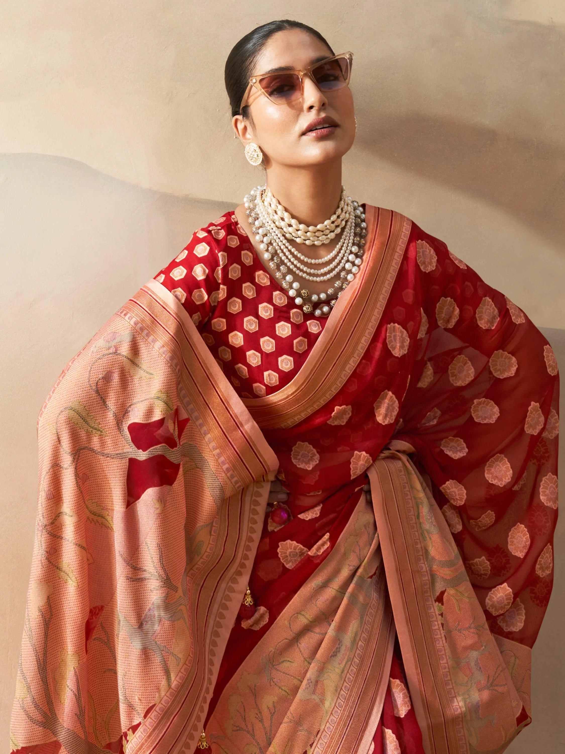 Stunning Red Zari Weaving Georgette Wedding Saree With Blouse