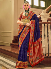 Adorable Navy-Blue Zari Weaving Banarasi Silk Festival Wear Saree