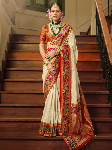 Mesmerizing Off-White Zari Weaving Banarasi Silk Traditional Saree