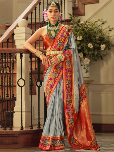 Gorgeous Grey Zari Weaving Banarasi Silk Festival Wear Saree