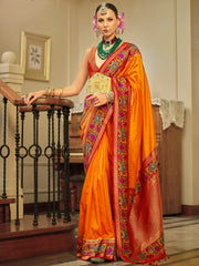 Stunning Orange Zari Weaving Banarasi Silk Wedding Saree With Blouse