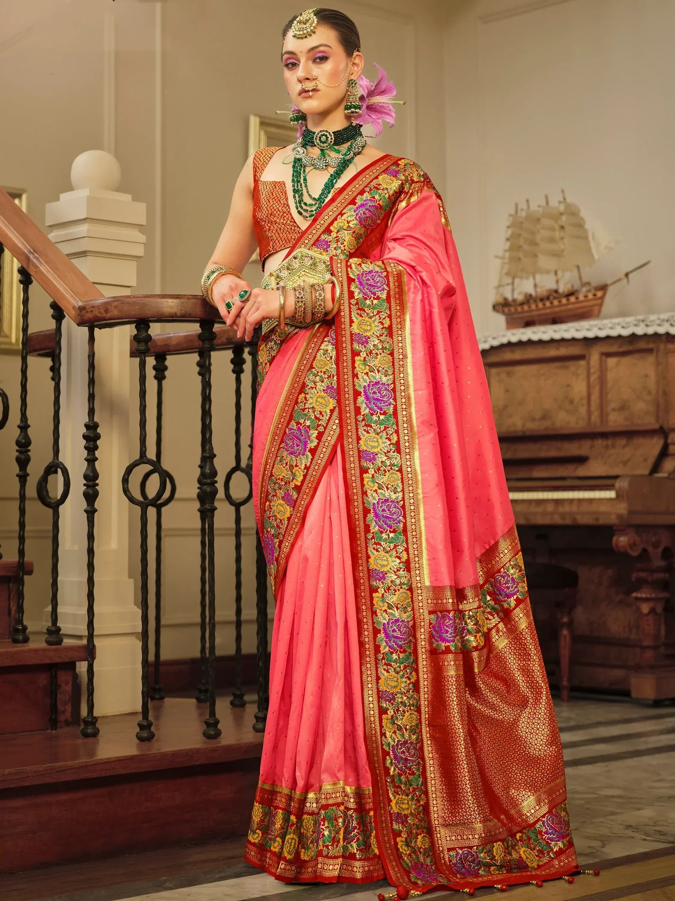 Pink and red embroidered saree with gold border, traditional Indian ethnic wear, designer blouse, festive look