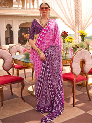 Stunning Pink Digital Printed Silk Traditional Saree With Blouse