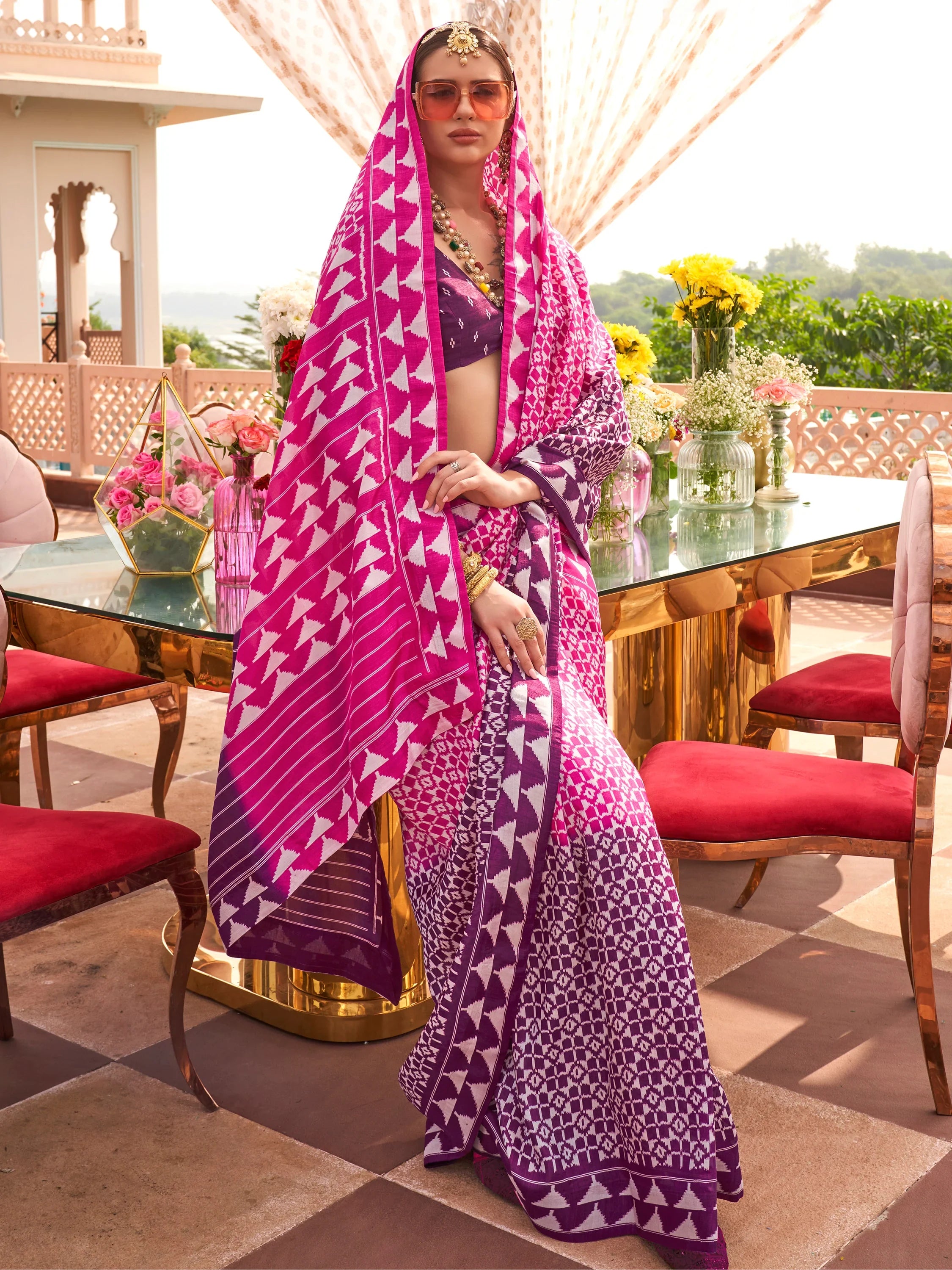 Stunning Pink Digital Printed Silk Traditional Saree With Blouse