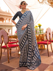 Precious Navy Blue Digital Printed Silk Casual Wear Saree With Blouse