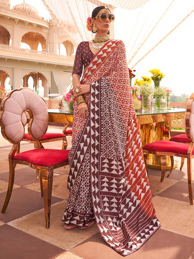 Charming Brown Digital Printed Silk Traditional Saree With Blouse