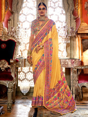 Beautiful Yellow Floral Printed Silk Haldi Wear Saree With Blouse