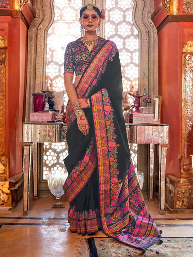 Stunning Black Floral Printed Silk Event Wear Saree With Blouse