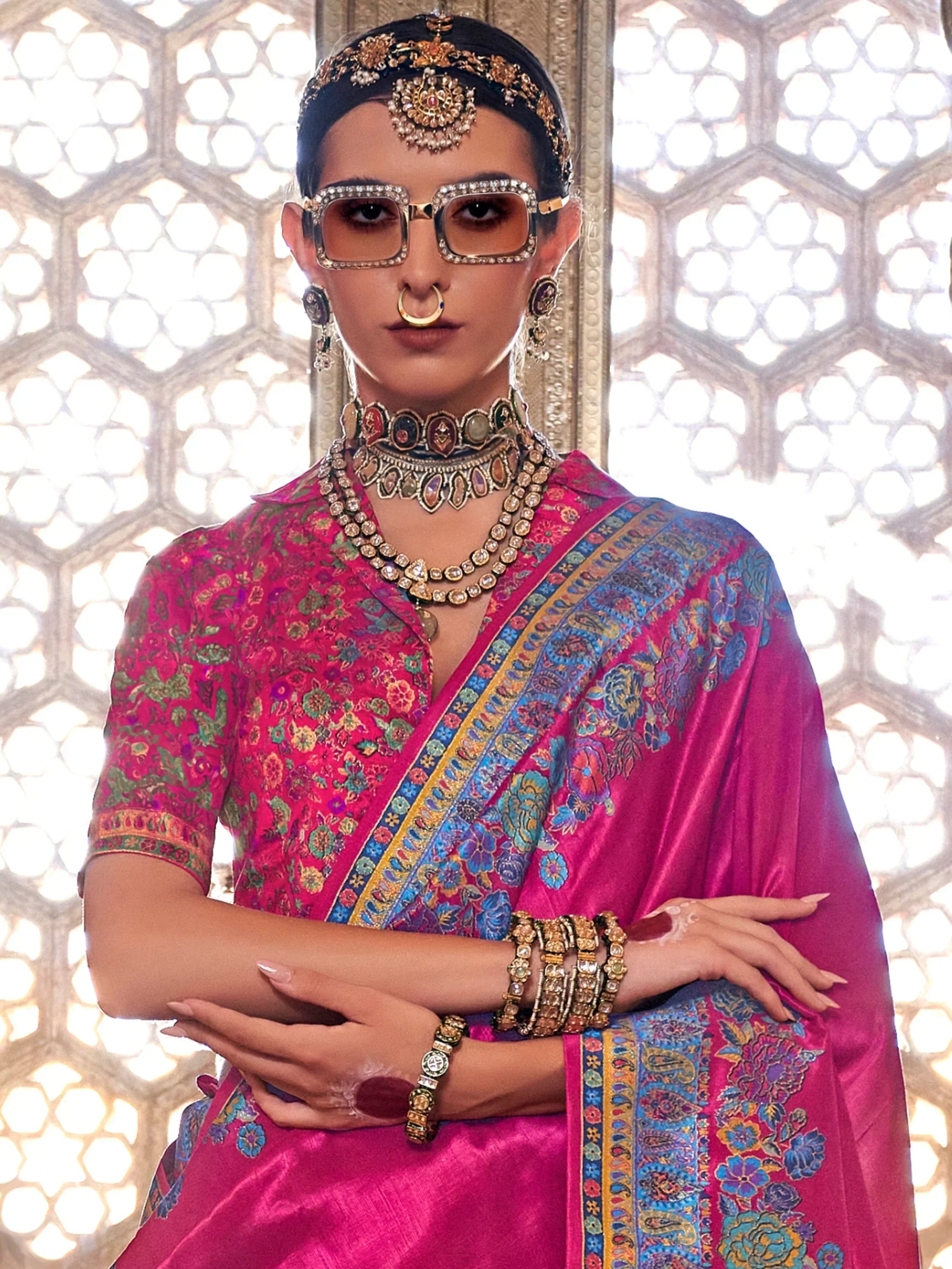 Dazzling Pink Floral Printed Silk Traditional Saree With Blouse