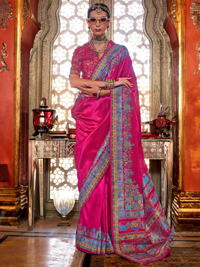 Dazzling Pink Floral Printed Silk Traditional Saree With Blouse