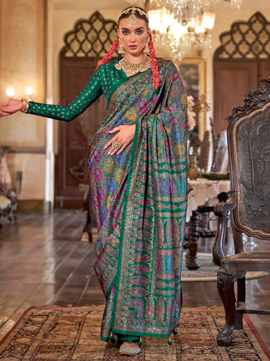 Enchanting Dark Green Printed Silk Event Wear Saree With Blouse