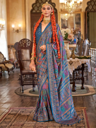Gorgeous Blue Printed Silk Festival Wear Saree With Blouse