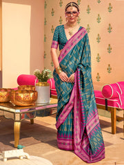 Enchanting Teal Blue Digital Printed Silk Event Wear Saree With Blouse