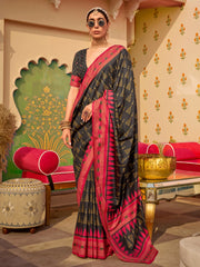 Beautiful Black Digital Printed Silk Event Wear Saree With Blouse