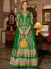 Beautiful Green Bandhani Printed Silk Festival Wear Gown With Dupatta
