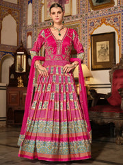 Stunning Pink Bandhani Printed Silk Event Wear Gown With Dupatta