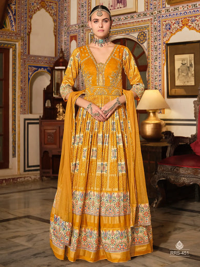 Charming Yellow Bandhani Printed Silk Haldi Wear Gown With Dupatta