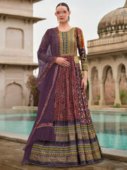 Gorgeous Purple Bandhani Printed Silk Traditional Gown With Dupatta