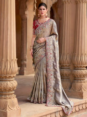 Attractive Grey Color Sequins Silk Event Wear Saree With Blouse