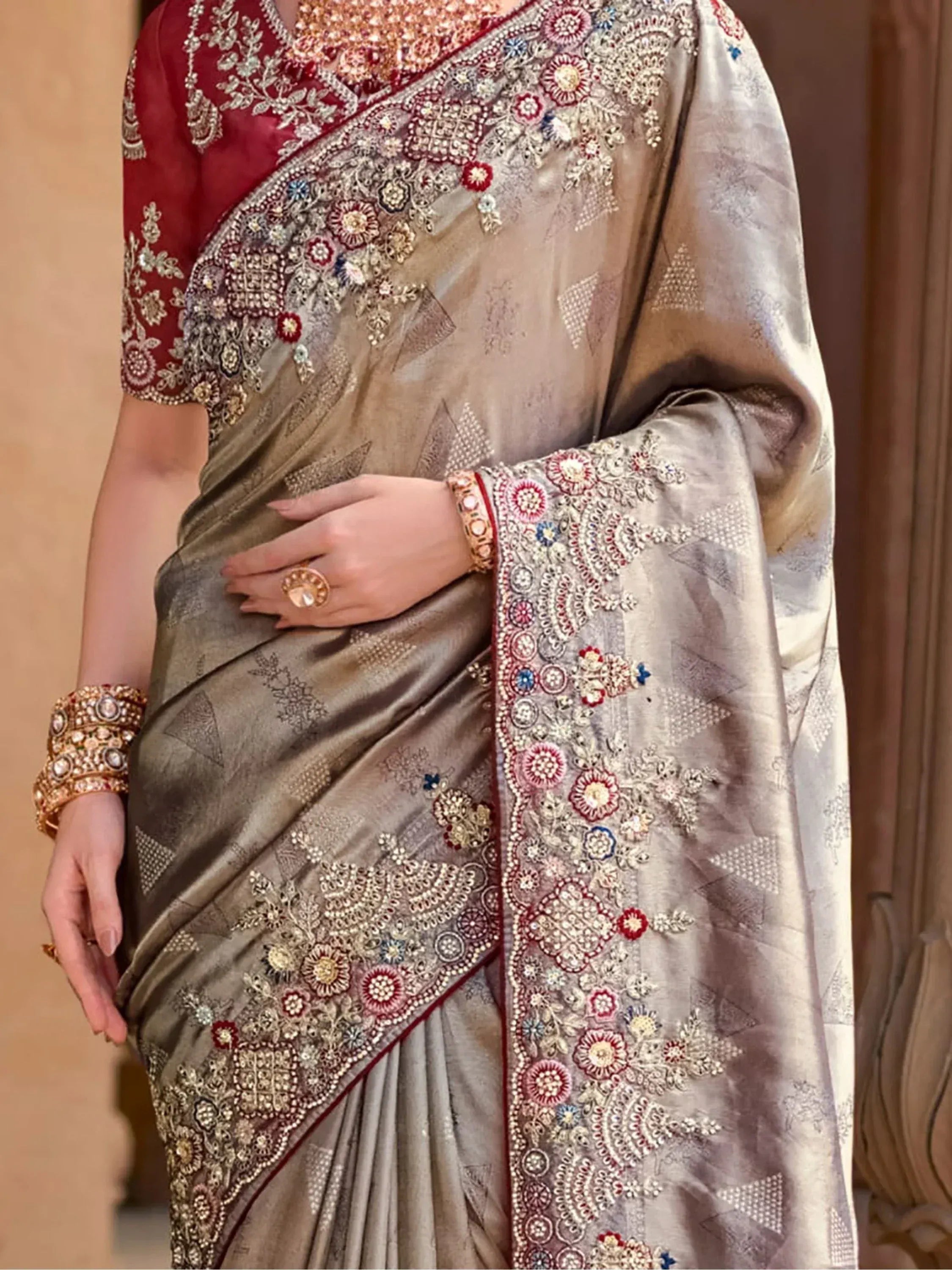 Attractive Grey Color Sequins Silk Event Wear Saree With Blouse