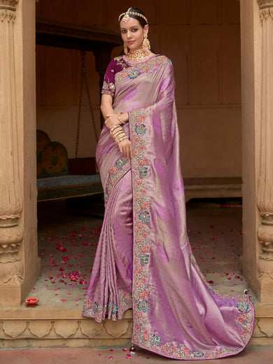 Beautiful Lavender Sequins Silk Engagement Wear Saree With Blouse