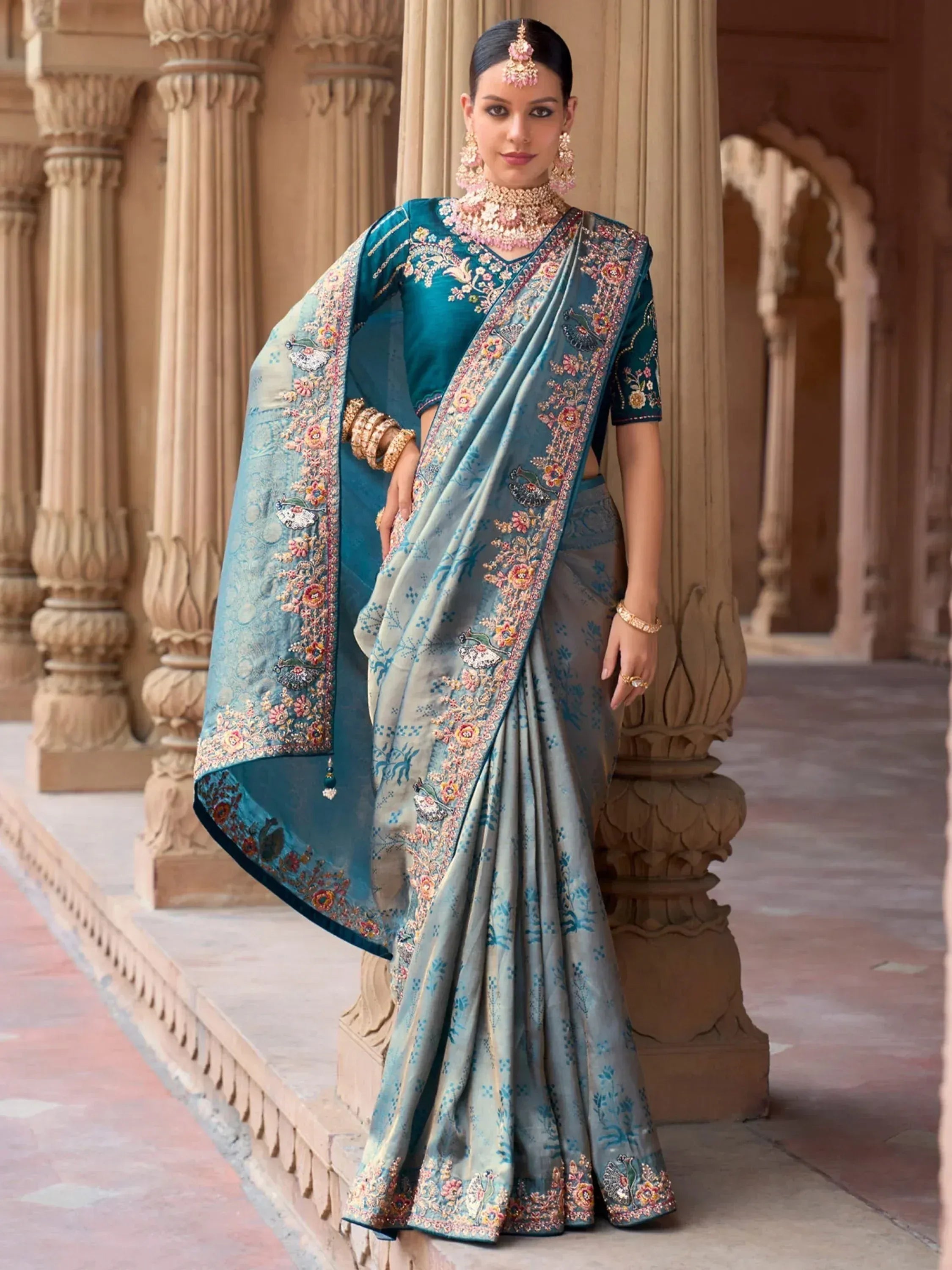 Enchanting Sky Blue Sequins Silk Function Wear Saree With Blouse