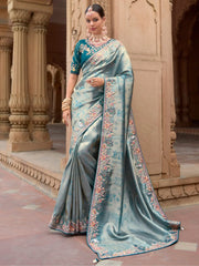 Enchanting Sky Blue Sequins Silk Function Wear Saree With Blouse
