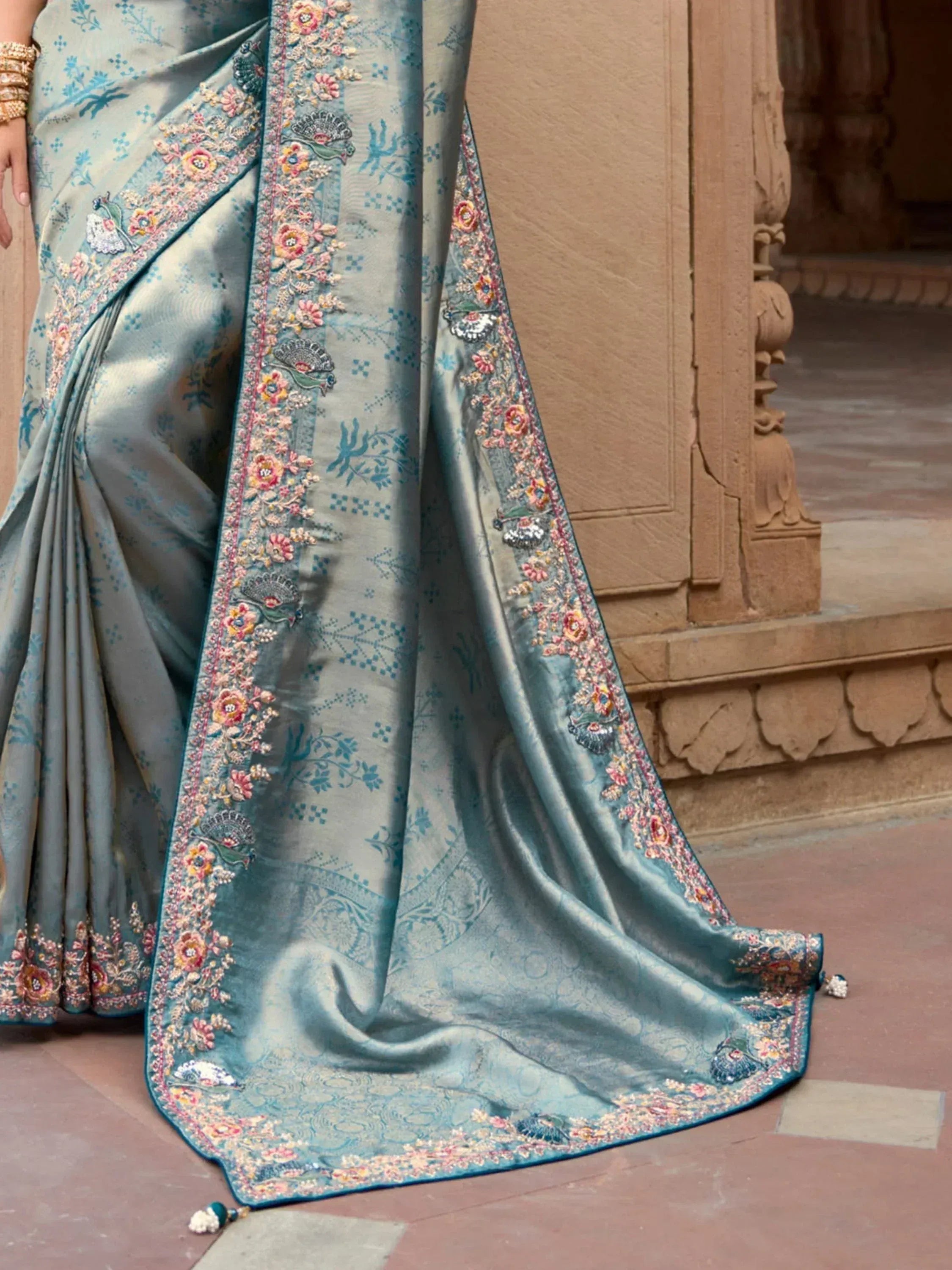 Enchanting Sky Blue Sequins Silk Function Wear Saree With Blouse
