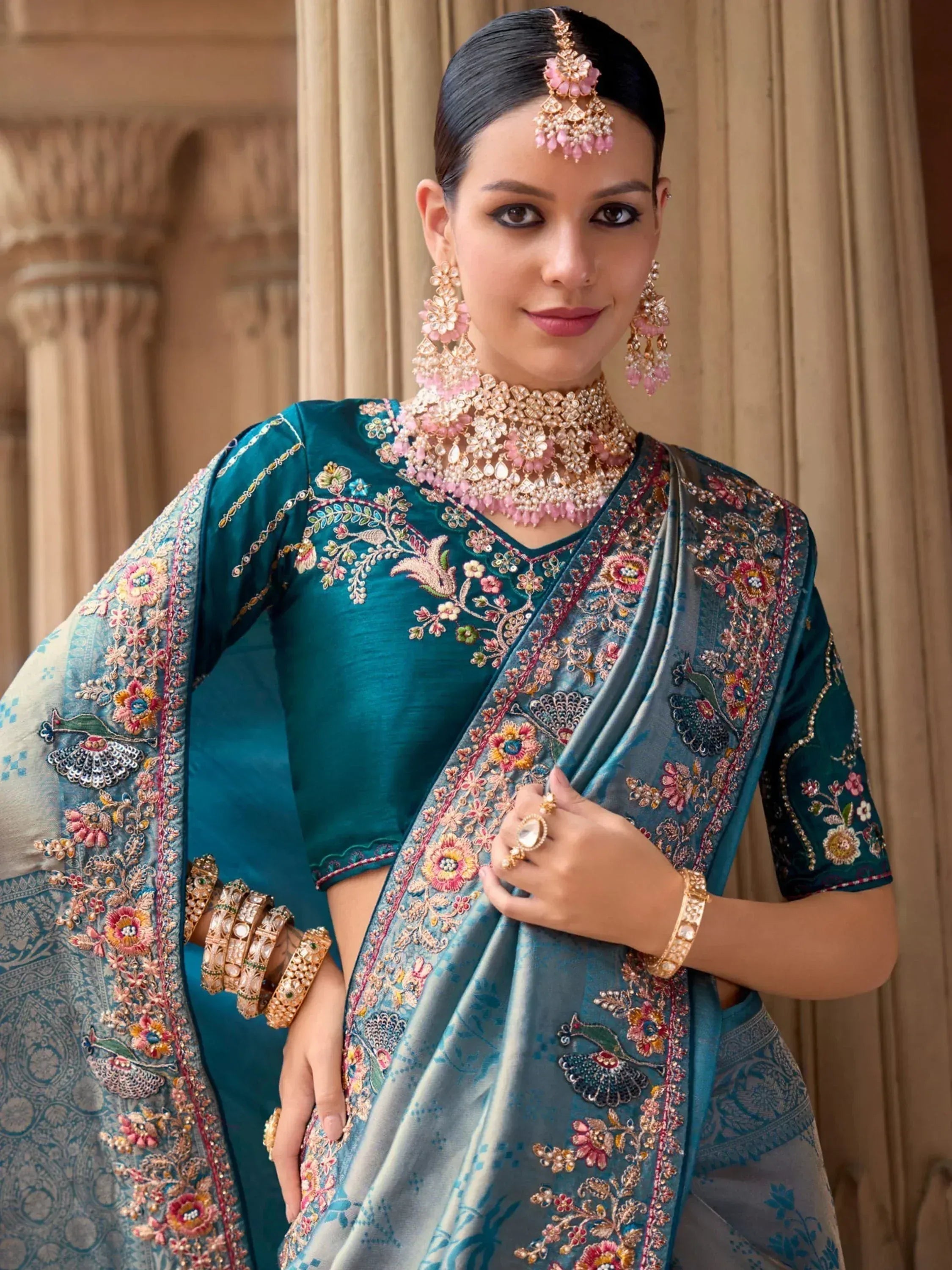 Enchanting Sky Blue Sequins Silk Function Wear Saree With Blouse
