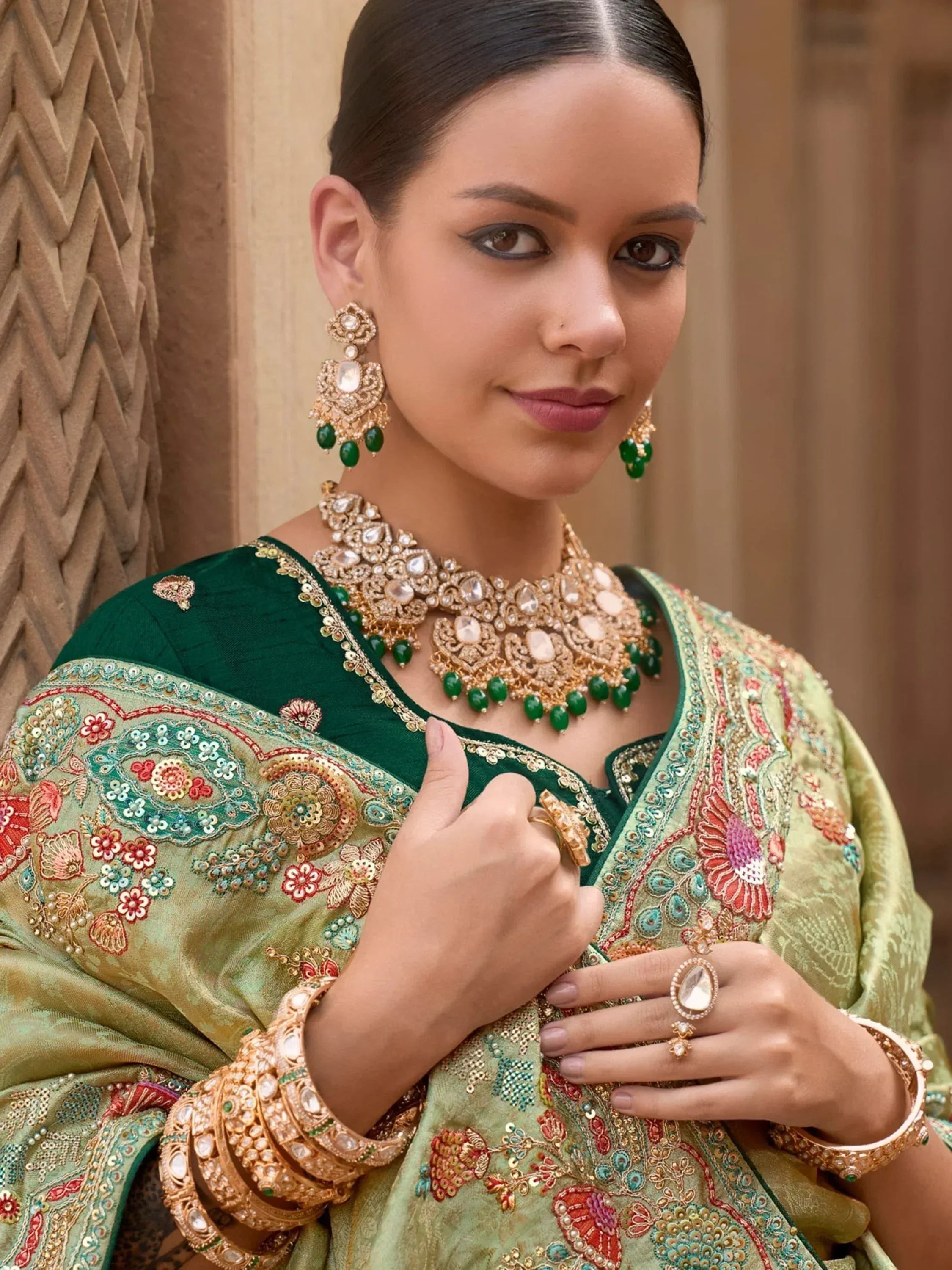 Alluring Pista Green Sequins Silk Wedding Wear Saree With Blouse