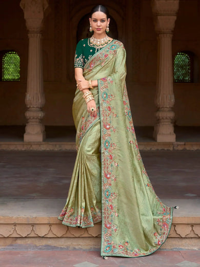 Alluring Pista Green Sequins Silk Wedding Wear Saree With Blouse