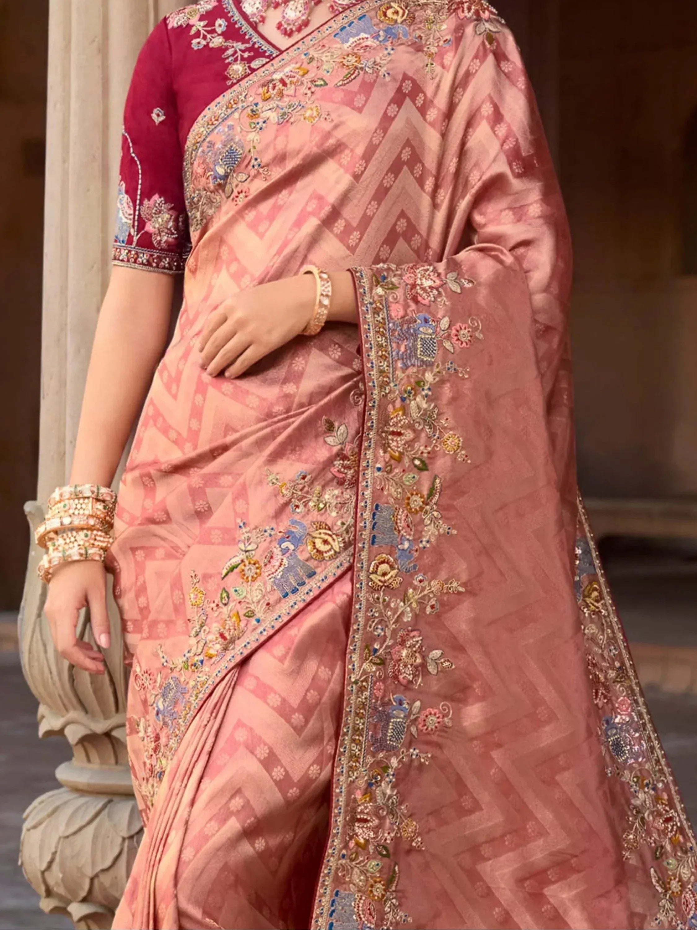 Charming Peach Color Sequins Silk Event Wear Saree With Blouse