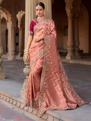 Charming Peach Color Sequins Silk Event Wear Saree With Blouse