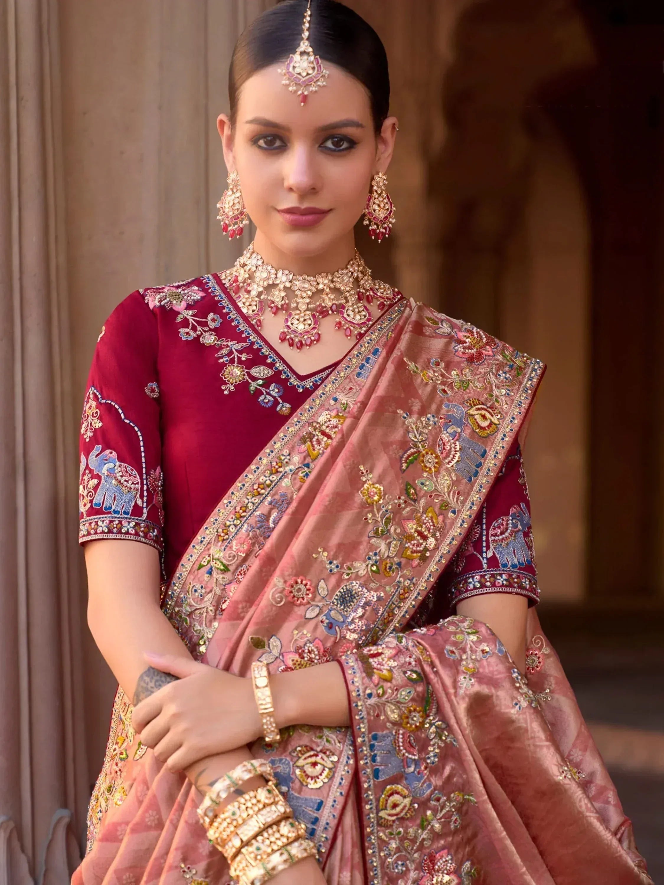 Charming Peach Color Sequins Silk Event Wear Saree With Blouse