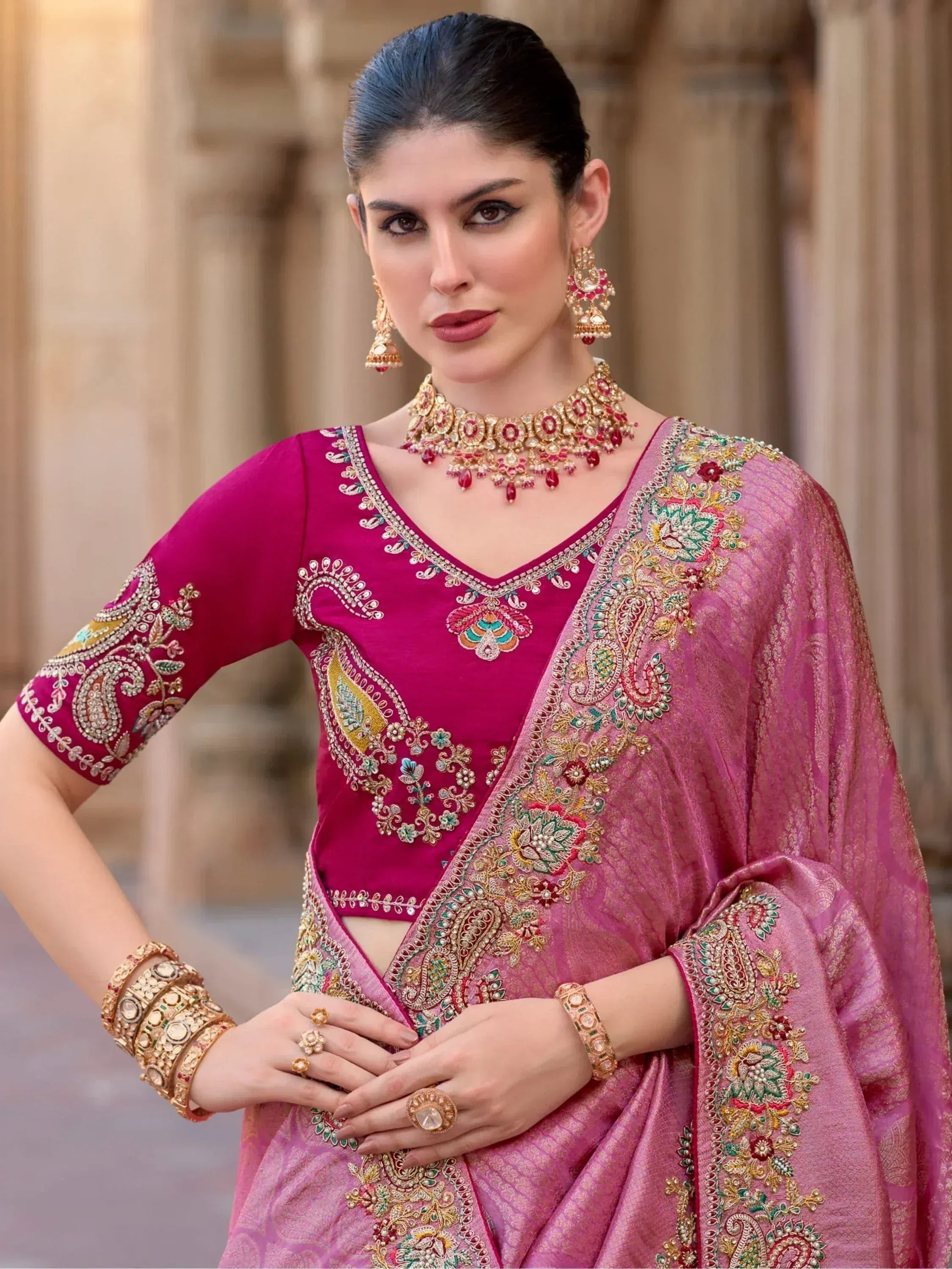 Fascinating Pink Color Sequins Silk Wedding Wear Saree With Blouse
