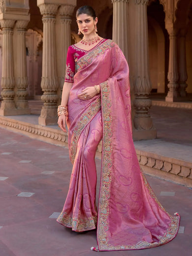 Fascinating Pink Color Sequins Silk Wedding Wear Saree With Blouse