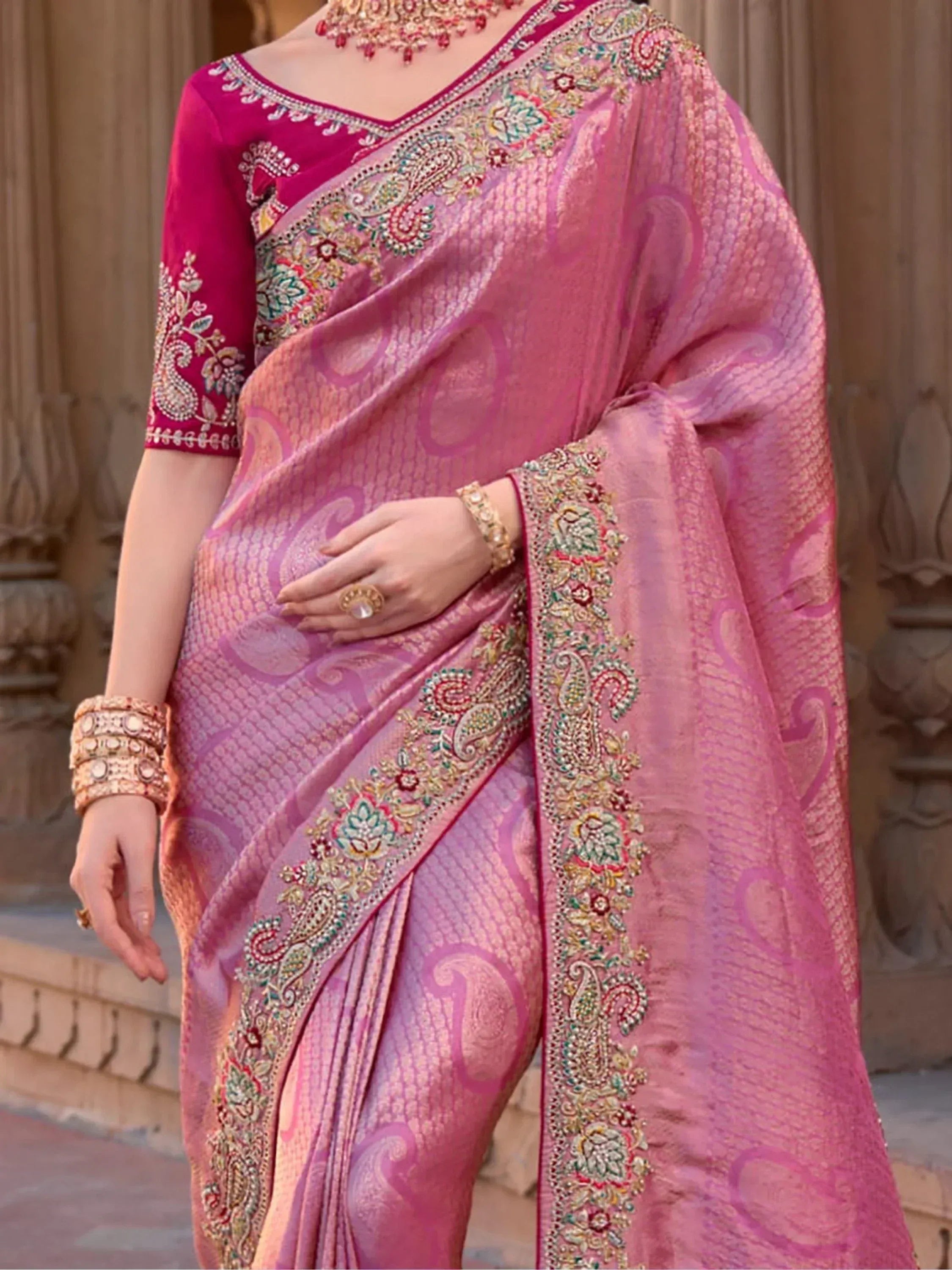 Fascinating Pink Color Sequins Silk Wedding Wear Saree With Blouse