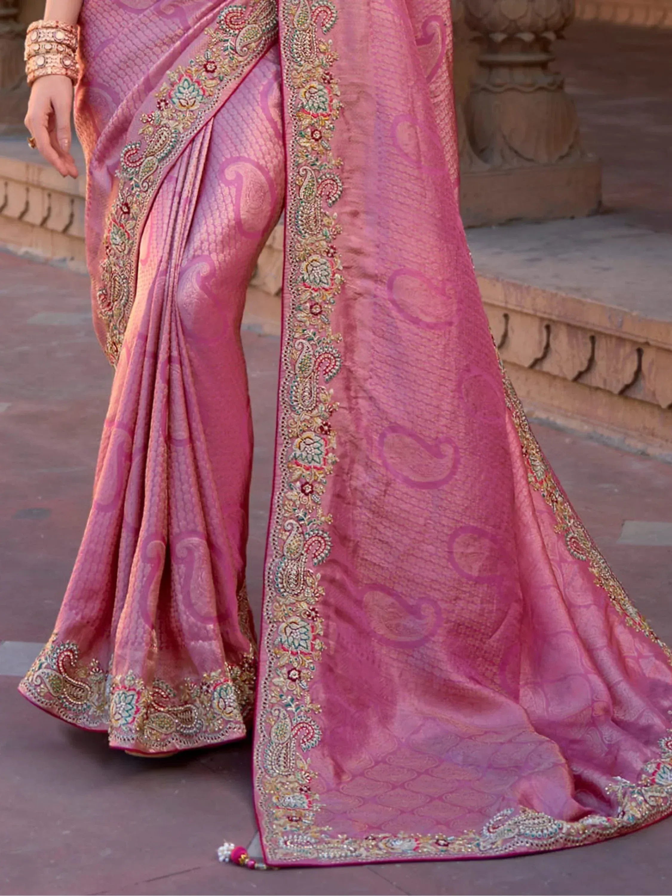 Fascinating Pink Color Sequins Silk Wedding Wear Saree With Blouse