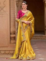 Marvelous Yellow Color Sequins Silk Haldi Wear Saree With Blouse