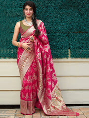 Fabulous Pink Zari Weaving Silk Festival Wear Saree With Blouse